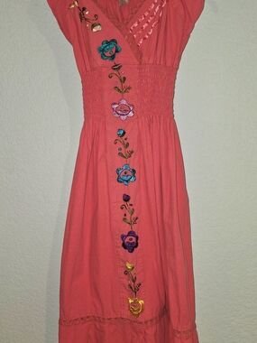 Mexican Emroidered Pink Coral Summer Dress With Flowers